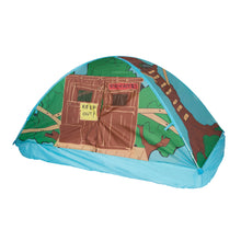 Kids’ pop-up play tent with blue base, green roof, and treehouse-style front print