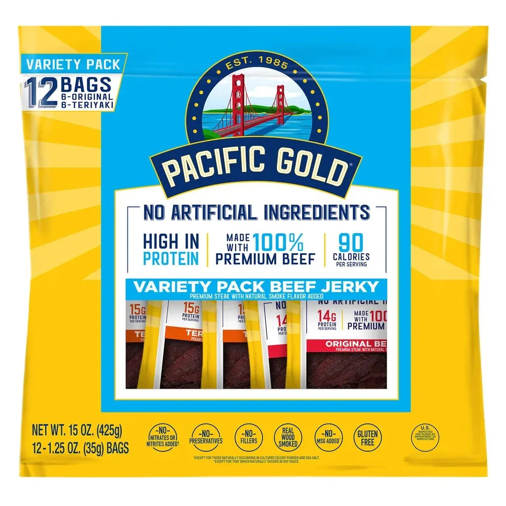 Pacific Gold Beef Jerky, Variety Pack, 15 oz, 12-count - USA MEGA SHOP
