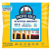 Pacific Gold variety pack beef jerky front with original and teriyaki labels, 12-count