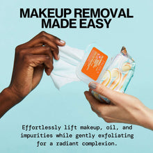 Glowing makeup removing wipes pack used to wipe makeup, white cloth visible