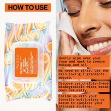 Glowing makeup removing wipes pack with white wipe and orange how-to panel