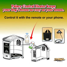 Promotional diagram of dog house heater with remote and phone control