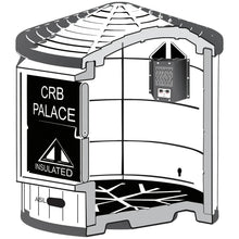 Insulated dog house diagram with CRB Palace heater unit mounted on the side