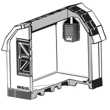 Gray and black heater box mounted inside an insulated dog house illustration