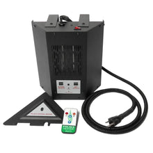 Black central heater box with vented grille, remote, and coiled power cable