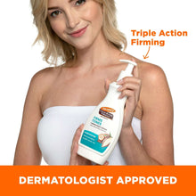 Firming body lotion pump bottle held on woman's shoulder