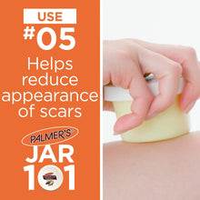 Scar reduction use graphic showing hand holding a cream-colored solid lotion