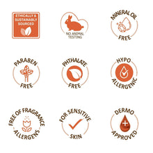 Massage lotion certification icons: no animal testing, mineral oil free, hypoallergenic