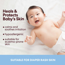 Baby balm skincare benefits infographic with smiling infant on light background