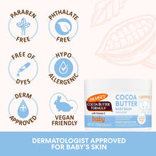 Cocoa butter baby balm jar with paraben-free and vegan-friendly icons