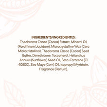 Ingredients list for cocoa butter baby balm on white jar panel