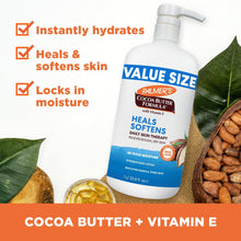 Value Size cocoa butter formula body lotion with benefit checkmarks and cocoa elements
