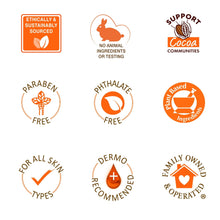 Cocoa butter body lotion quality and ingredient-free badge icons