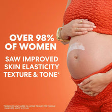 Pregnant belly with hands holding stretch-mark care kit, wearing orange towel