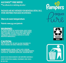 Baby wipe package back panel with Pampers Aqua Pure branding and safety icons