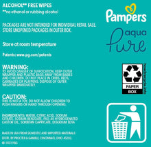 Pampers Aqua Pure wipes back panel with ingredients, warnings, and storage info