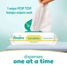 Pop-top baby wipes packet dispensing one at a time, Pampers Sensitive