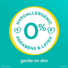 Hypoallergenic badge: 0% parabens and latex-free for Pampers Sensitive wipes