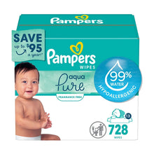 Pampers Aqua Pure fragrance-free baby wipes pack, 728 wipes and 99% water badge