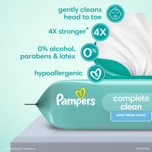 Baby wipes tub seal area with teal wipes and claims: 0% alcohol, parabens & latex