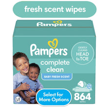 Baby wipes carton with Pampers complete clean, baby fresh scent, 12 and 864 wipes info