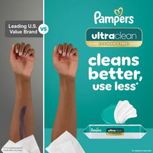 Pampers ultraclean baby wipes box with 'cleans better, use less' text