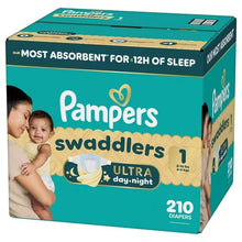 Diaper pack box side: Pampers Swaddlers Ultra day-night, size 1, 210 diapers