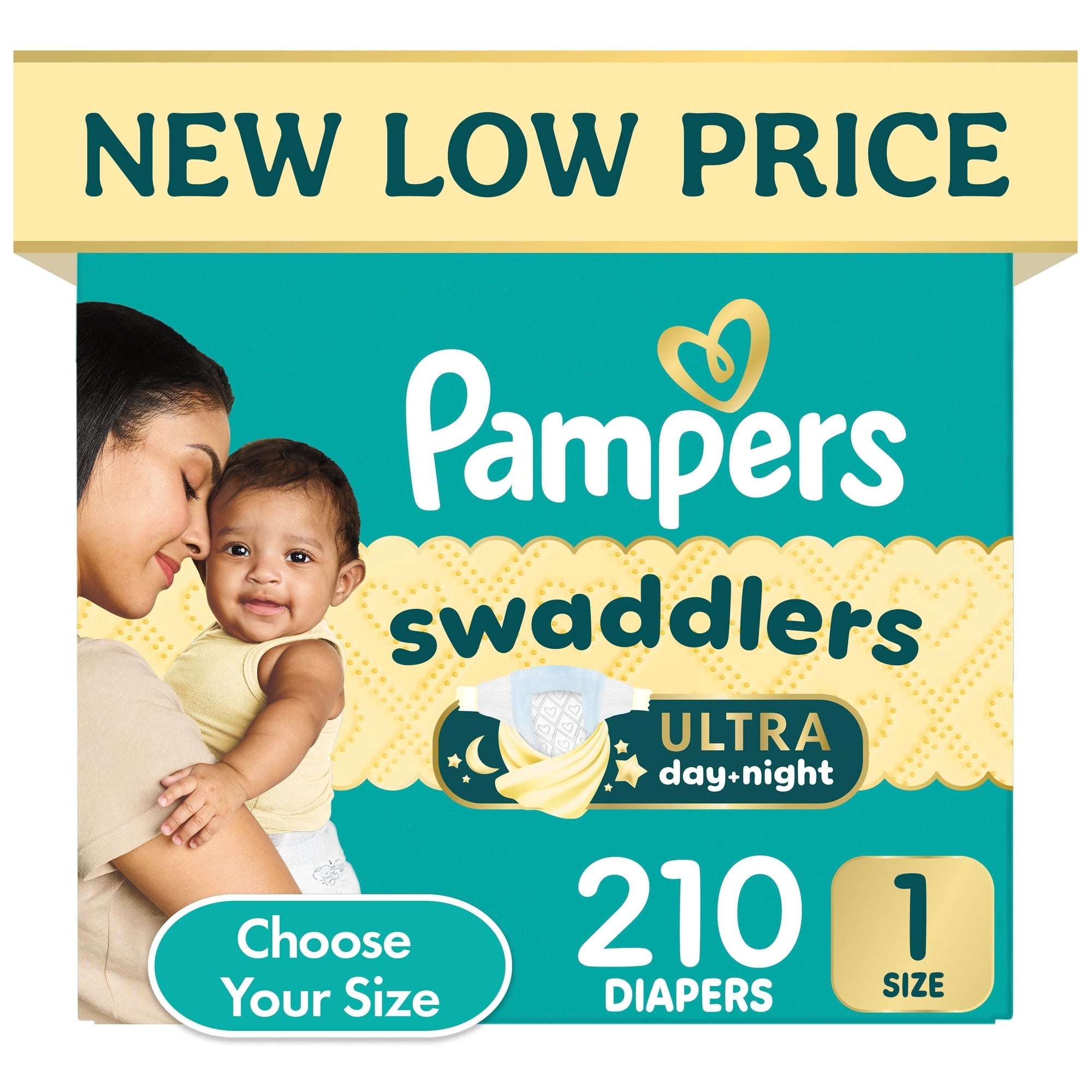 Pampers Swaddlers Ultra day-night diaper box, Size 1, 210 diapers