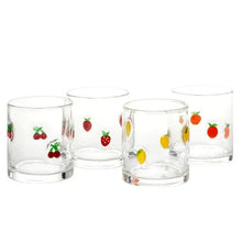 Set of 4 clear icon tumblers with lemon, cherry, and strawberry prints