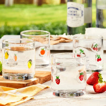 Set of 4 icon tumblers, clear glass with fruit prints and thick round base