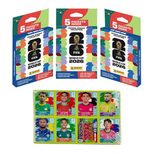 Three FIFA World Cup 2026 sticker packets with plastic card sheet of players