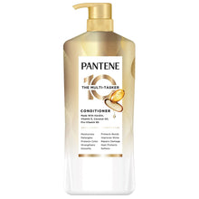 Pantene Multi-Tasker conditioner bottle with gold pump, front label visible.