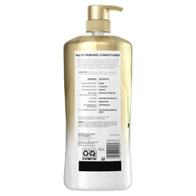 Pantene Multi-Tasker conditioner bottle with gold pump, back label and barcode.