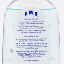 Close-up of P.M.B. Fresh Lime Cologne label with ingredients and cautions