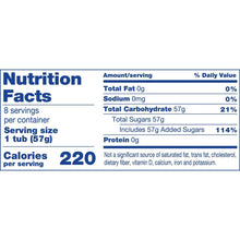 Cotton candy nutrition facts panel, 220 calories per serving, total sugars 57g