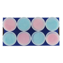 Cotton candy tub assortment, eight pastel blue and pink lids in tray