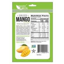 Dried mango nutrition facts pouch with green ingredient and barcode panel