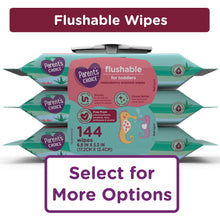 Flushable wipes pack in teal and pink with 144 wipes label