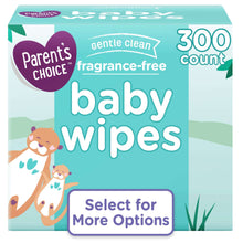 Fragrance-free baby wipes pack, 300 count, teal box with Parents Choice logo