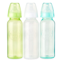 Set of 3 newborn baby bottles, green, white, and blue tinted caps