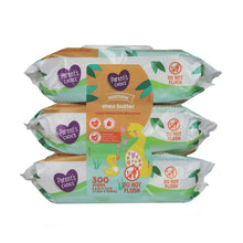 Baby wipes package with soothing shea butter, 300 count, 'Do not flush'.