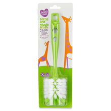 Bottle and nipple brush pack with green handle and white bristles in blister packaging