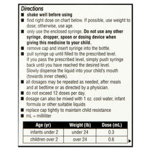 Infants' gas relief drops directions panel with dosing chart by age and weight