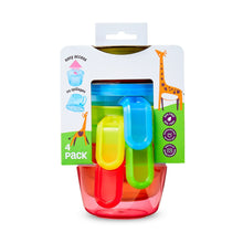 Packaged 4-count plastic snack cups with no-spill design and easy-access handles