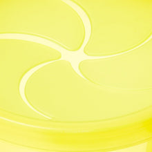 Yellow plastic snack cup lid with raised hand grip and snap-on edge detail