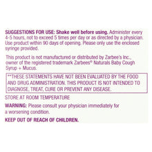 Baby cough syrup box panel with suggestions for use and storage instructions