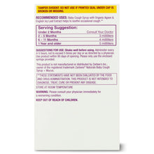 Baby cough syrup supplement box back panel with use directions and warning info