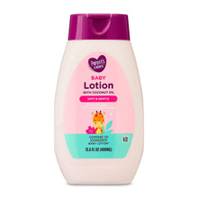 Baby lotion bottle with coconut oil, pink label, purple flip-top cap, front view