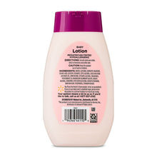 Baby lotion bottle with coconut oil, back panel with ingredients and barcode, purple cap