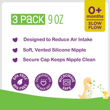 Baby bottle 3-pack label showing slow-flow nipple, vented silicone, BPA-free icons